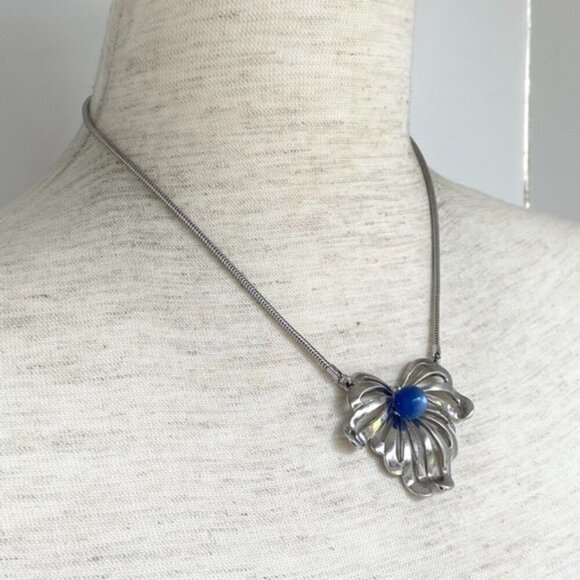 VTG Sterling Silver 925 Forstner Blue Cats Eye Glass Floral Pendant Necklace 16" - Picture 3 of 16